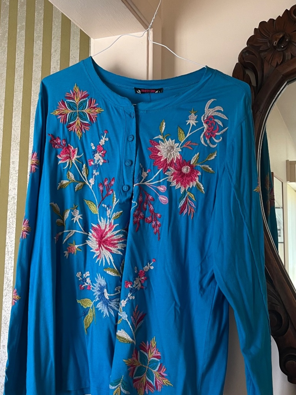 JOHNNY WAS JULIE RAW SEAM HENLEY (TEAL) in Size Large - Picture 6 of 6